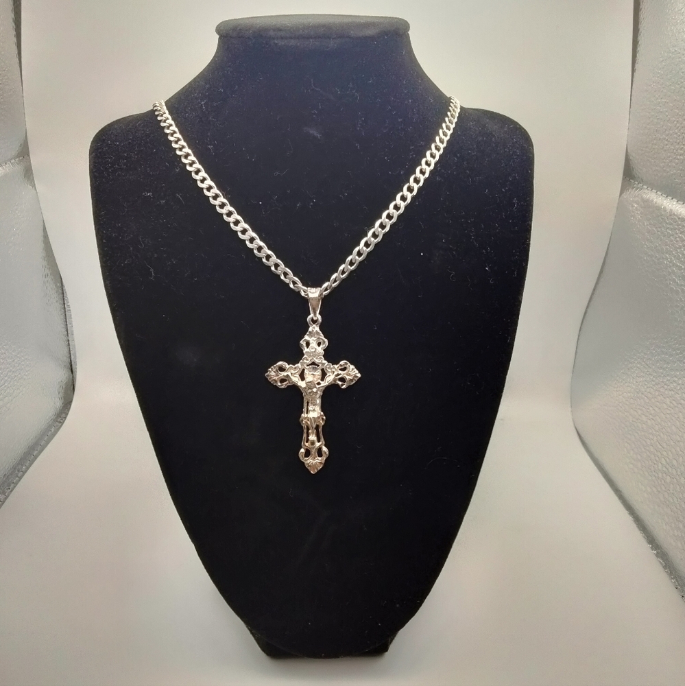New Handmade Sterling Silver 925 Cuban Link Chain 26 inch 27.53g Taxco Cross